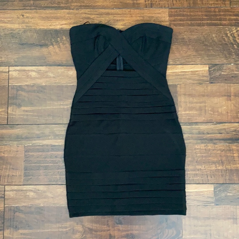 Black strapless minidress with cutout